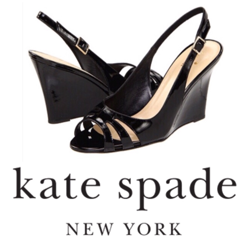 Kate Spade Charlee Black Leather Peep Toe Wedges